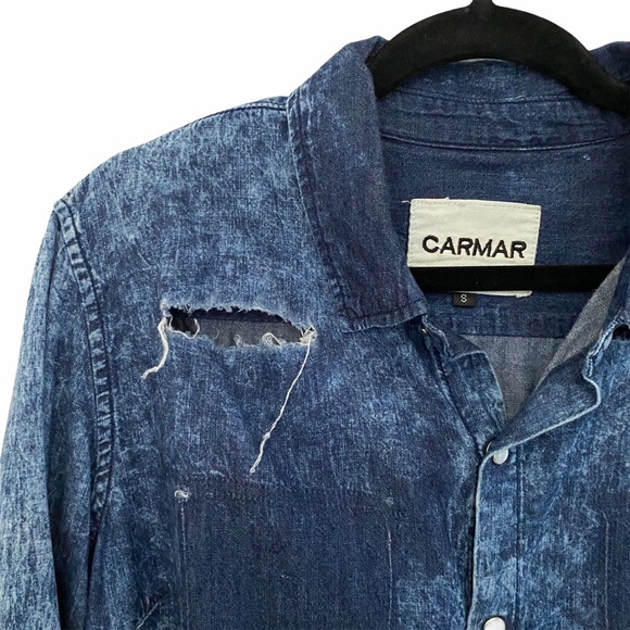 new LF Carmar ✶ Destroyed Ripped Mineral Wash ✶ Chambray Button Up Shirt ✶ Y2K - Picture 5 of 16